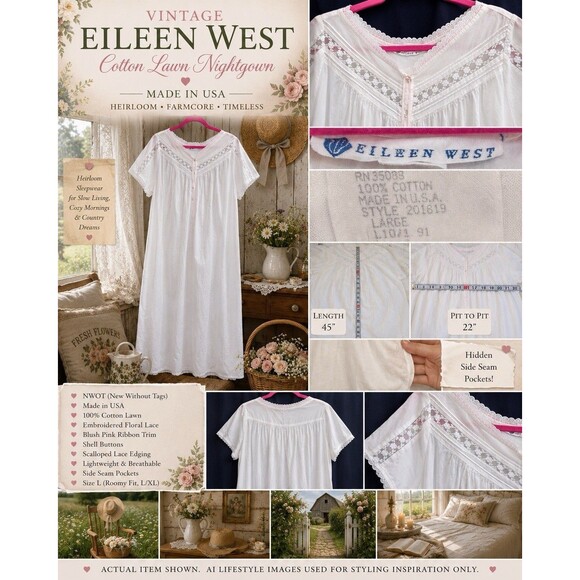 Eileen West Other - NWOT Vtg 80s Eileen West White Cotton Lawn Nightgown Pockets Lace L Prairecore